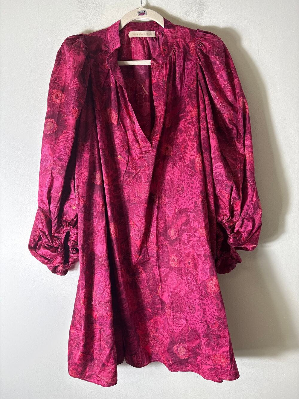Vanessa Bruno Deep Pink Floral Puff Sleeve A Line Dress Sz 40 (10)